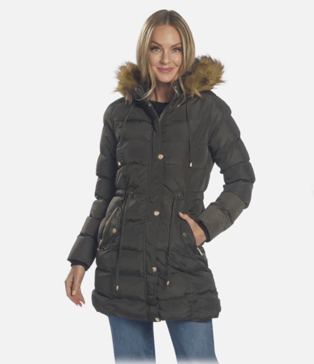 Celsius Green Hooded Puffer Coat With Fleece Lining & Gold Trim, Sz M--NWT